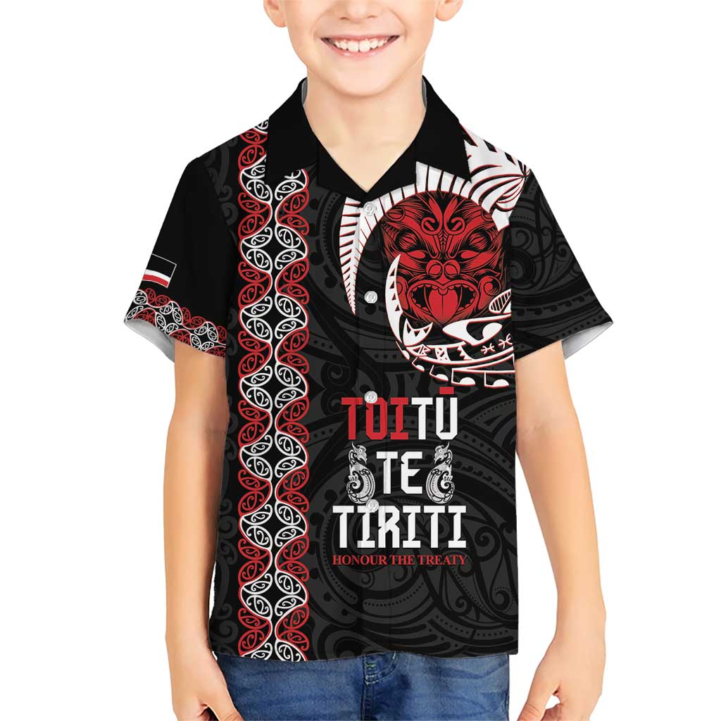 Aotearoa Toitu Te Tiriti Family Matching Short Sleeve Bodycon Dress and Hawaiian Shirt Honour The Treaty Maori Haka LT14 Son's Shirt Black - Polynesian Pride