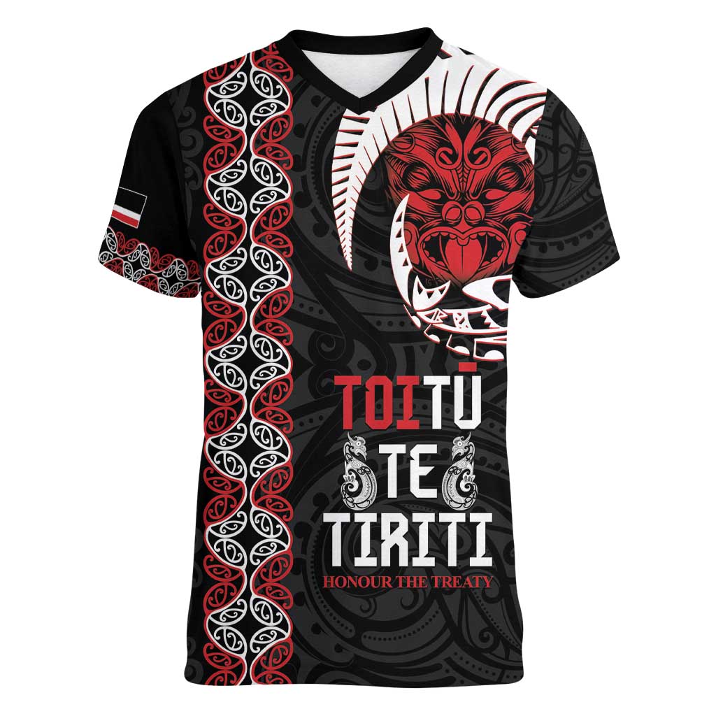 Aotearoa Toitu Te Tiriti Women V-Neck T-Shirt Honour The Treaty Maori Haka LT14 Female Black - Polynesian Pride