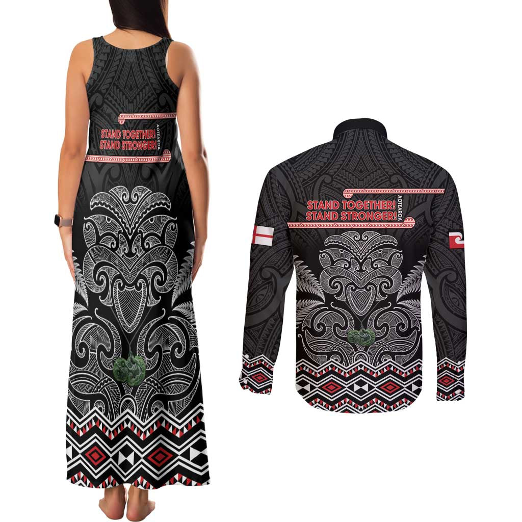 Aotearoa Toitu Te Tiriti Couples Matching Tank Maxi Dress and Long Sleeve Button Shirt Stand Together! Stand Stronger! - NZ Tiki