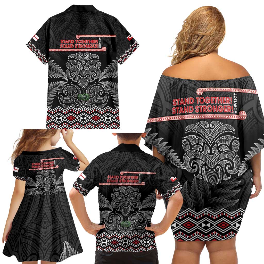 Aotearoa Toitu Te Tiriti Family Matching Off Shoulder Short Dress and Hawaiian Shirt Stand Together! Stand Stronger! - NZ Tiki