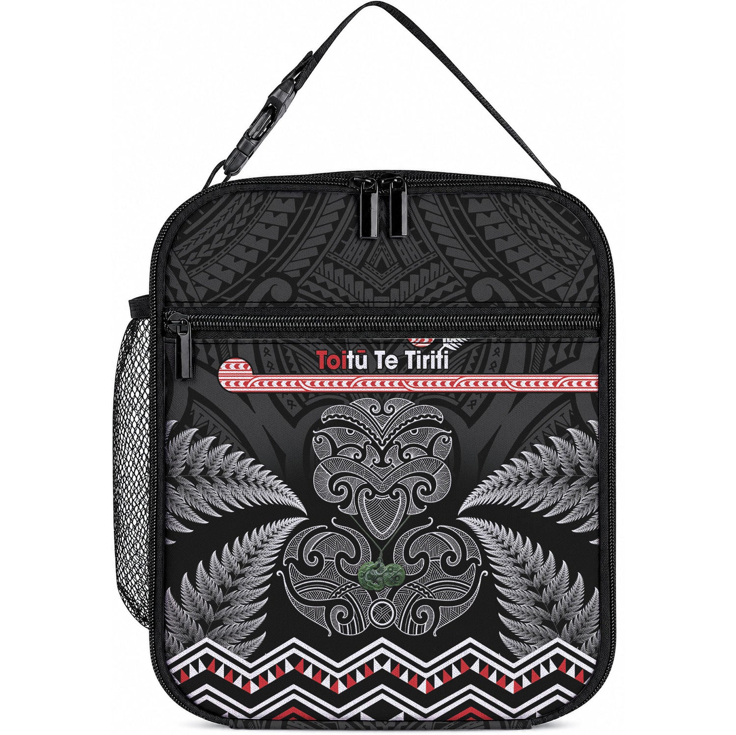 Aotearoa Toitu Te Tiriti Lunch Bag Stand Together Stand Stronger NZ Tiki LT14 10.2 × 8.3 × 4.3 inch Black - Polynesian Pride