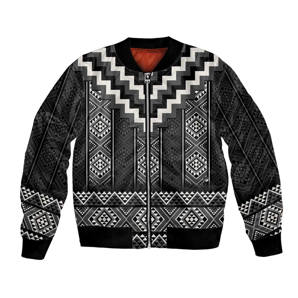 Black Taniko Aotearoa Bomber Jacket Niho Taniwha Mix Poutama LT14