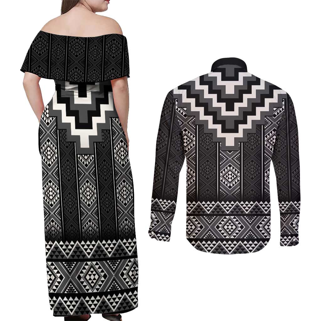 Black Taniko Aotearoa Couples Matching Off Shoulder Maxi Dress and Long Sleeve Button Shirt Niho Taniwha Mix Poutama LT14