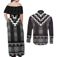 Black Taniko Aotearoa Couples Matching Off Shoulder Maxi Dress and Long Sleeve Button Shirt Niho Taniwha Mix Poutama LT14