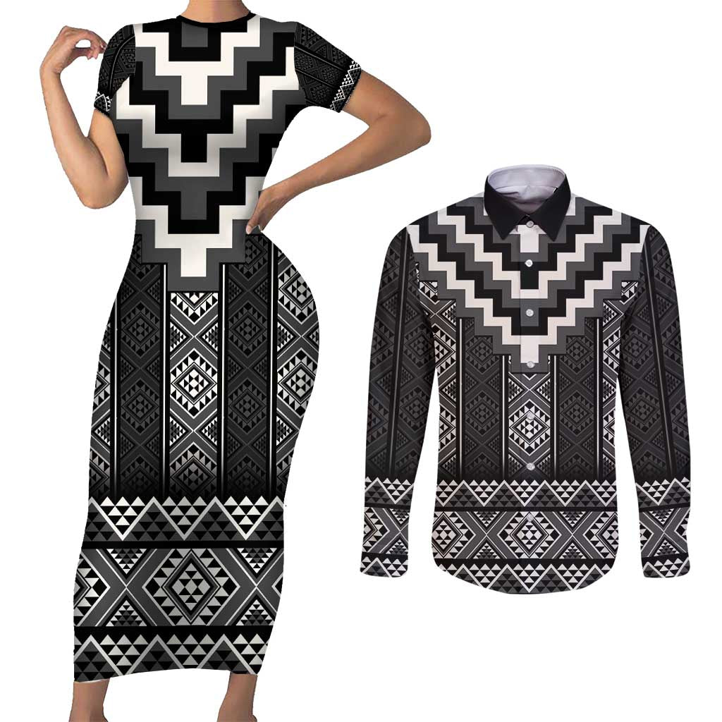 Black Taniko Aotearoa Couples Matching Short Sleeve Bodycon Dress and Long Sleeve Button Shirt Niho Taniwha Mix Poutama LT14