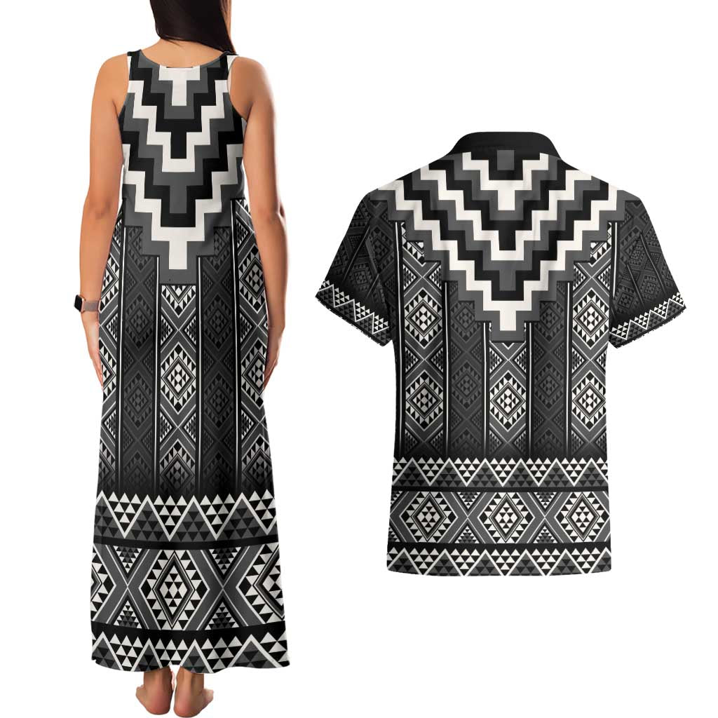 Black Taniko Aotearoa Couples Matching Tank Maxi Dress and Hawaiian Shirt Niho Taniwha Mix Poutama LT14