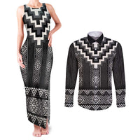 Black Taniko Aotearoa Couples Matching Tank Maxi Dress and Long Sleeve Button Shirt Niho Taniwha Mix Poutama LT14