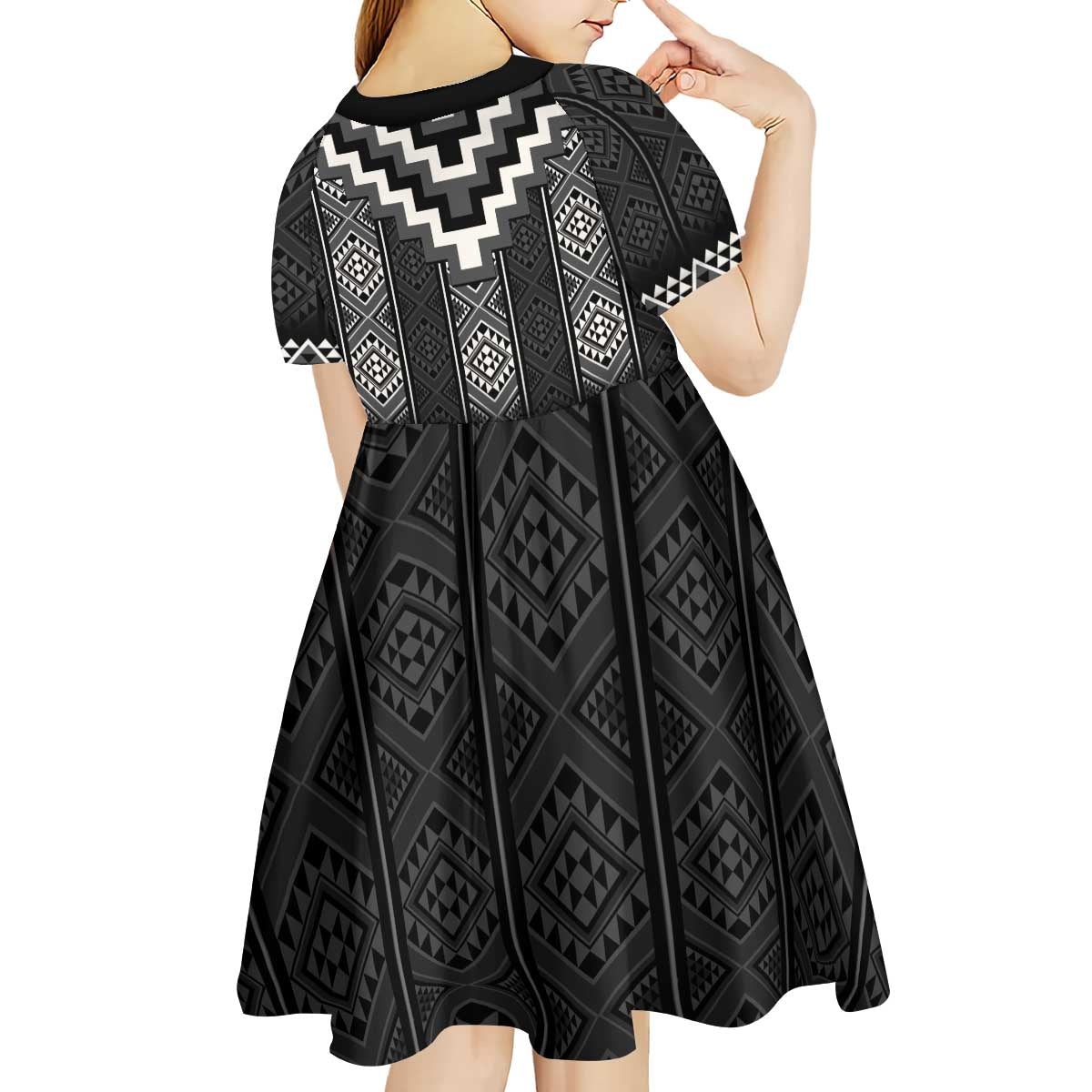 Black Taniko Aotearoa Kid Short Sleeve Dress Niho Taniwha Mix Poutama LT14