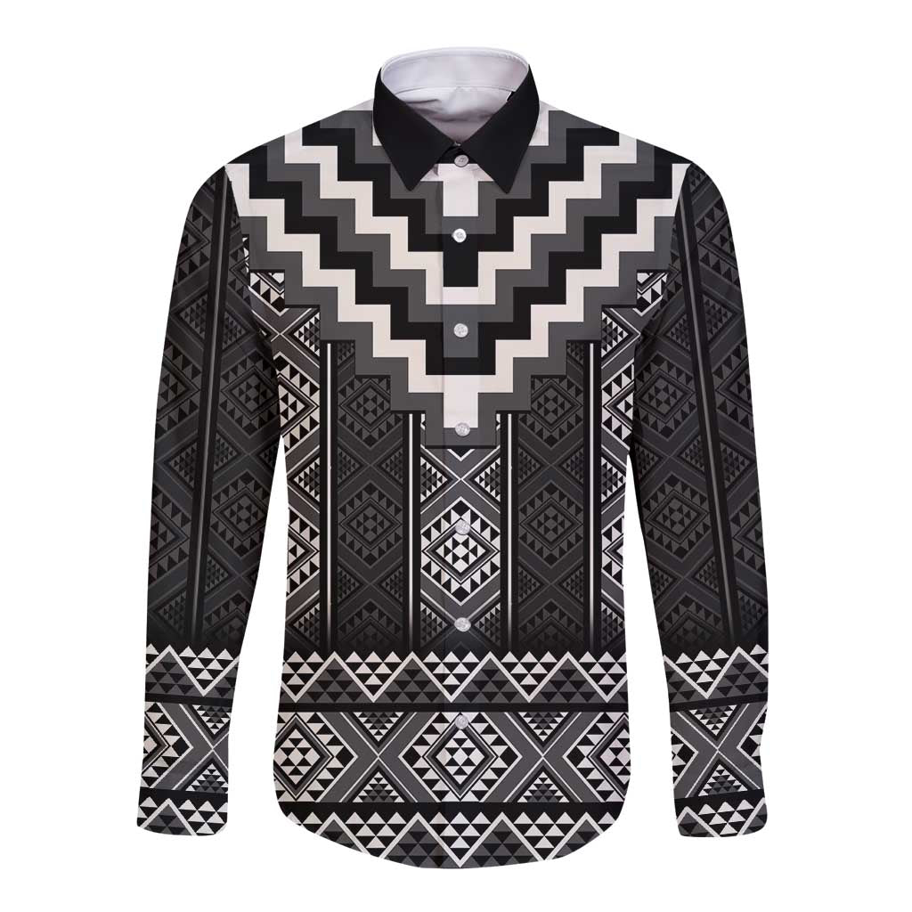 Black Taniko Aotearoa Long Sleeve Button Shirt Niho Taniwha Mix Poutama LT14
