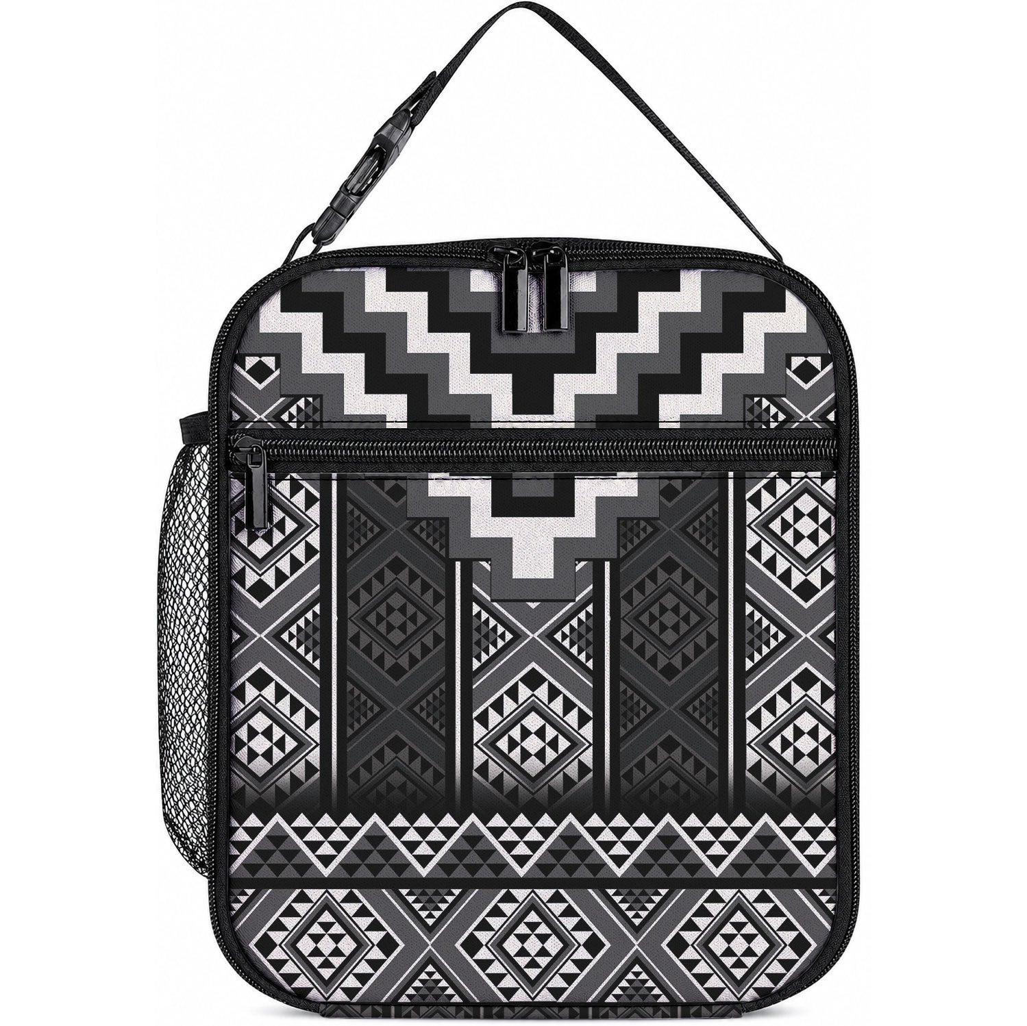 Black Taniko Motifs Aotearoa Lunch Bag Niho Taniwha Mix Poutama LT14 10.2 × 8.3 × 4.3 inch Black - Polynesian Pride