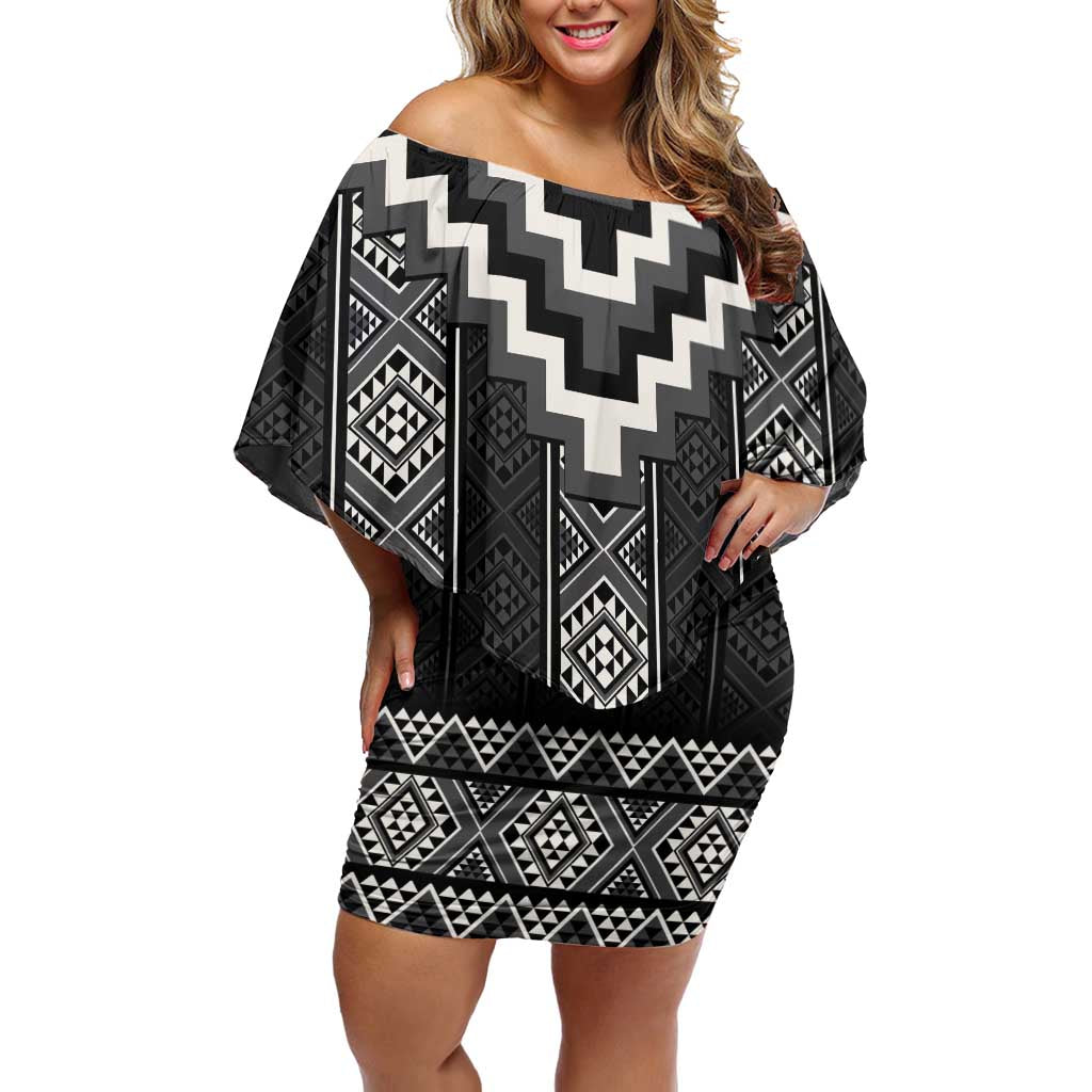 Black Taniko Aotearoa Off Shoulder Short Dress Niho Taniwha Mix Poutama LT14