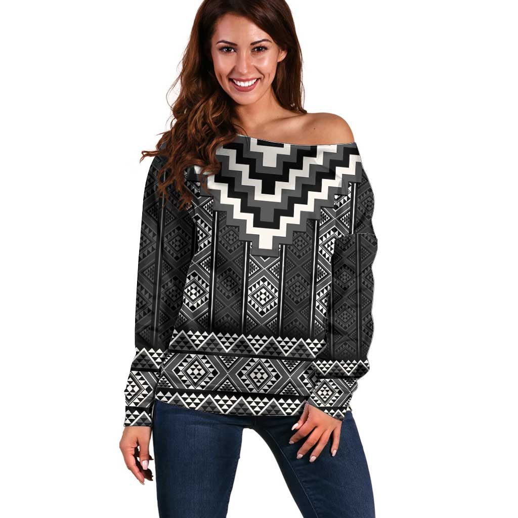 Black Taniko Aotearoa Off Shoulder Sweater Niho Taniwha Mix Poutama LT14
