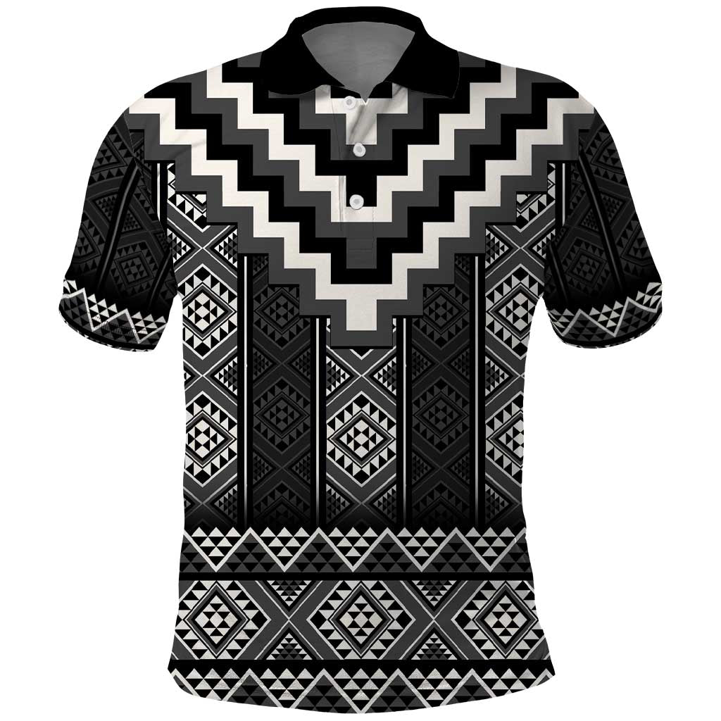 Black Taniko Aotearoa Polo Shirt Niho Taniwha Mix Poutama LT14