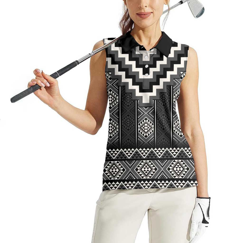 Black Taniko Aotearoa Women Sleeveless Polo Shirt Niho Taniwha Mix Poutama LT14