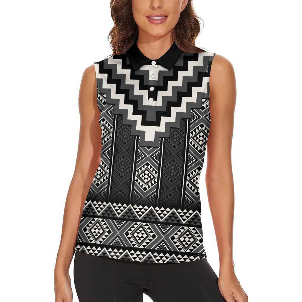 Black Taniko Aotearoa Women Sleeveless Polo Shirt Niho Taniwha Mix Poutama LT14