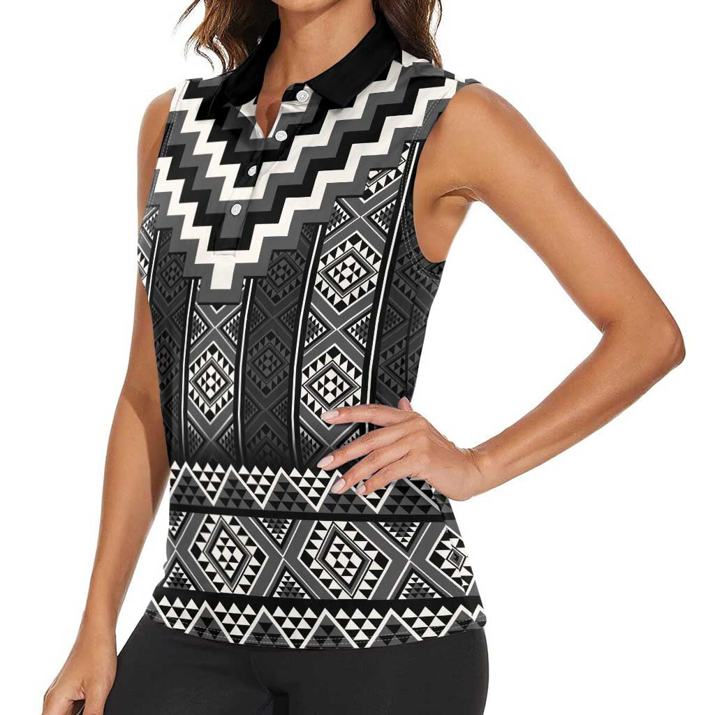 Black Taniko Aotearoa Women Sleeveless Polo Shirt Niho Taniwha Mix Poutama LT14