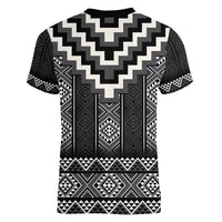 Black Taniko Aotearoa Women V-Neck T-Shirt Niho Taniwha Mix Poutama LT14