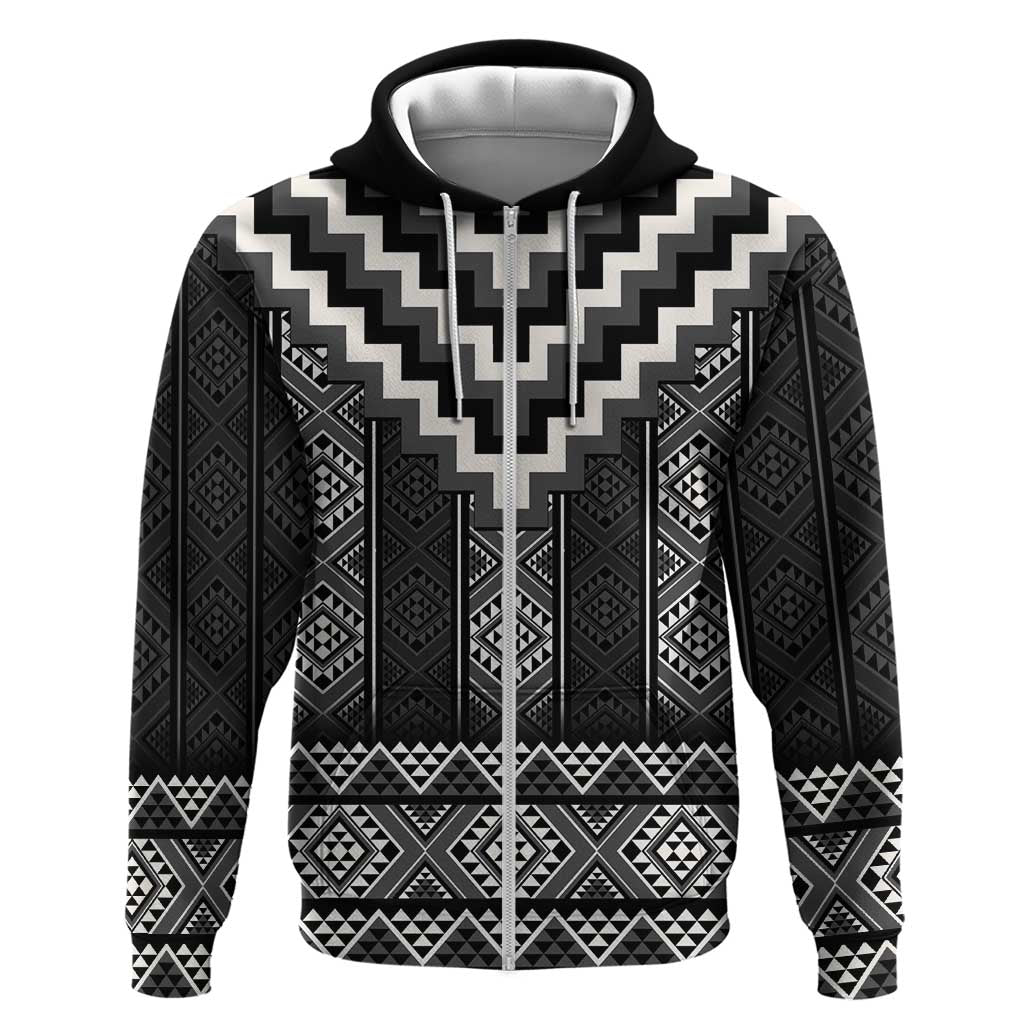 Black Taniko Aotearoa Zip Hoodie Niho Taniwha Mix Poutama LT14