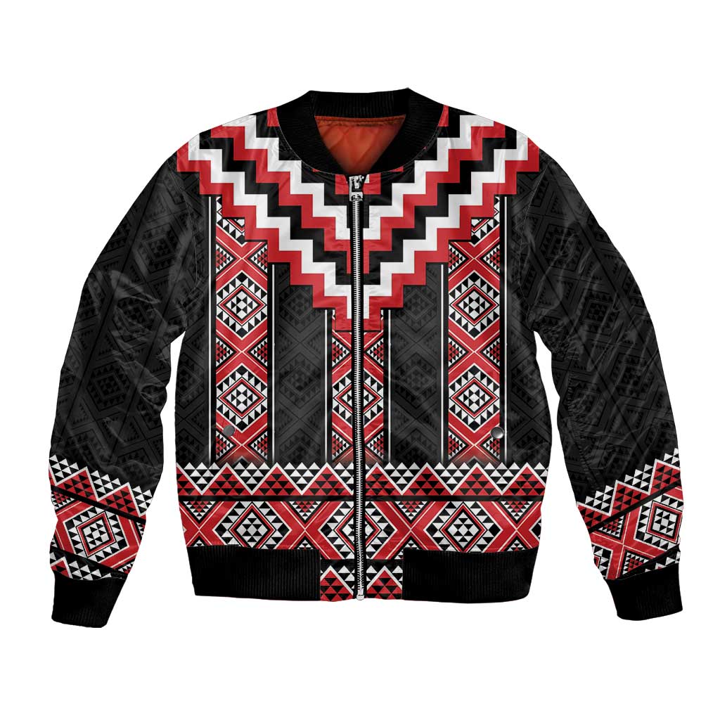 Red Taniko Aotearoa Bomber Jacket Niho Taniwha Mix Poutama LT14