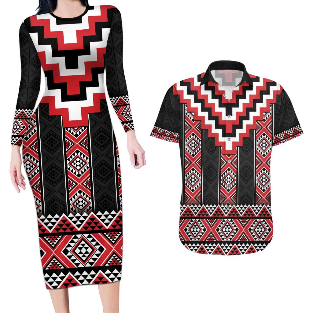 Red Taniko Aotearoa Couples Matching Long Sleeve Bodycon Dress and Hawaiian Shirt Niho Taniwha Mix Poutama LT14