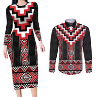 Red Taniko Aotearoa Couples Matching Long Sleeve Bodycon Dress and Long Sleeve Button Shirt Niho Taniwha Mix Poutama LT14
