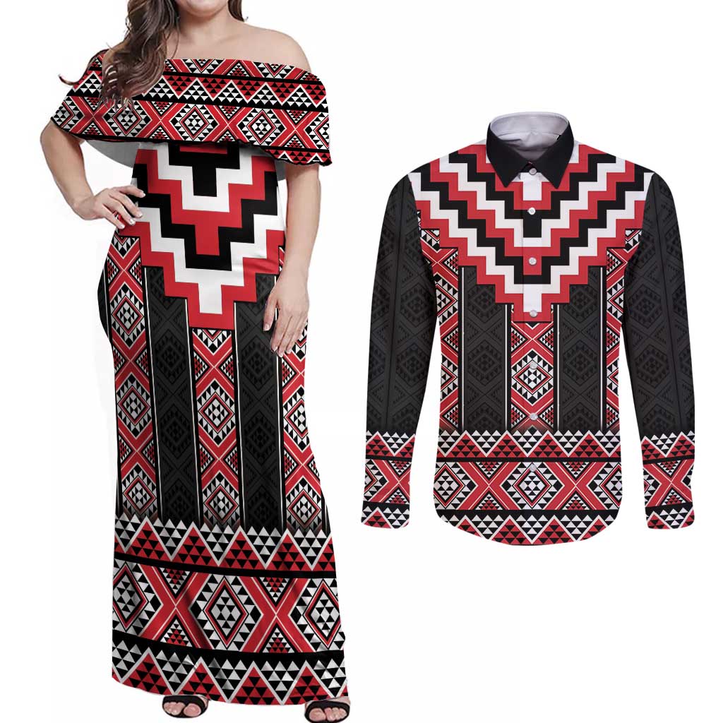 Red Taniko Aotearoa Couples Matching Off Shoulder Maxi Dress and Long Sleeve Button Shirt Niho Taniwha Mix Poutama LT14
