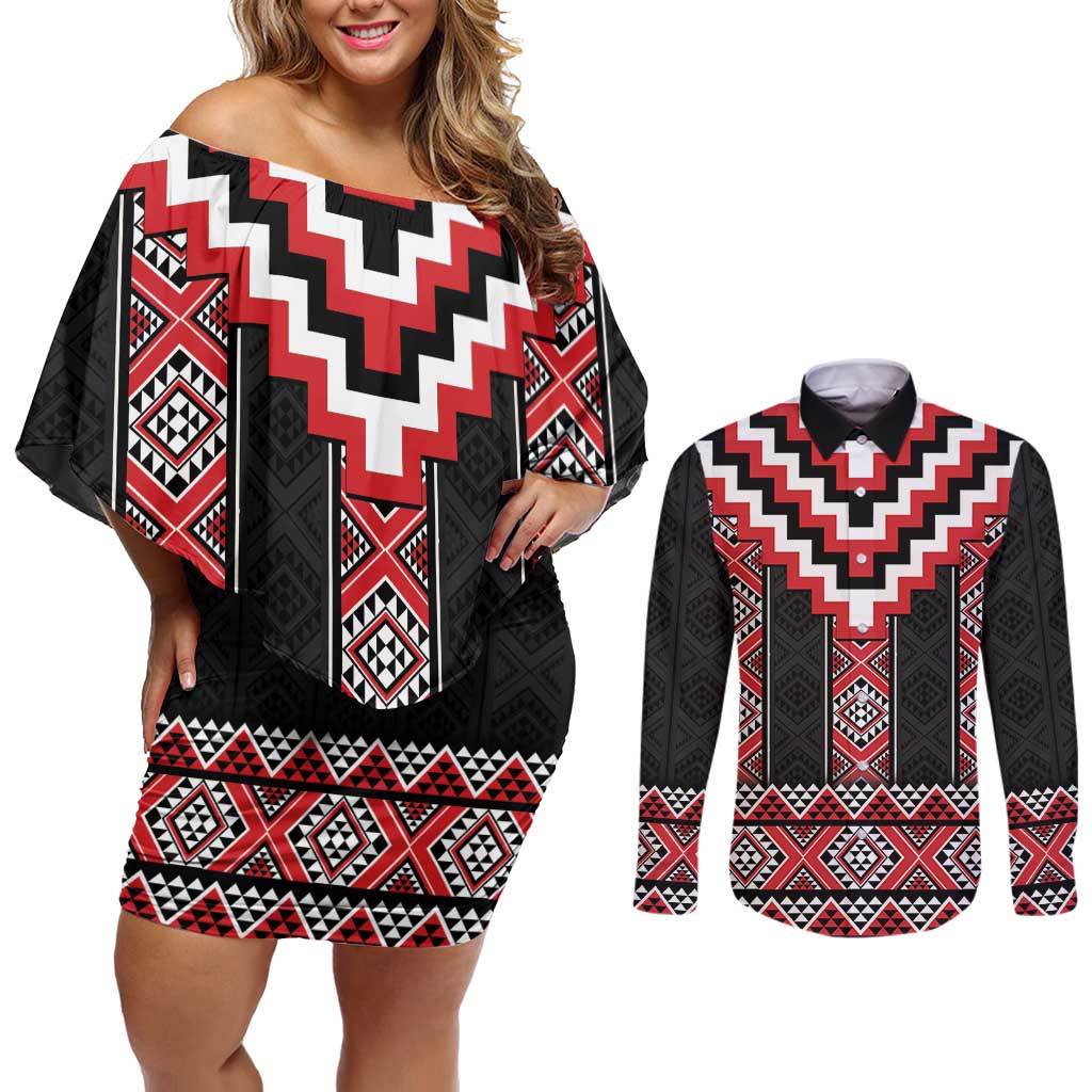 Red Taniko Aotearoa Couples Matching Off Shoulder Short Dress and Long Sleeve Button Shirt Niho Taniwha Mix Poutama LT14