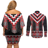 Red Taniko Aotearoa Couples Matching Off Shoulder Short Dress and Long Sleeve Button Shirt Niho Taniwha Mix Poutama LT14