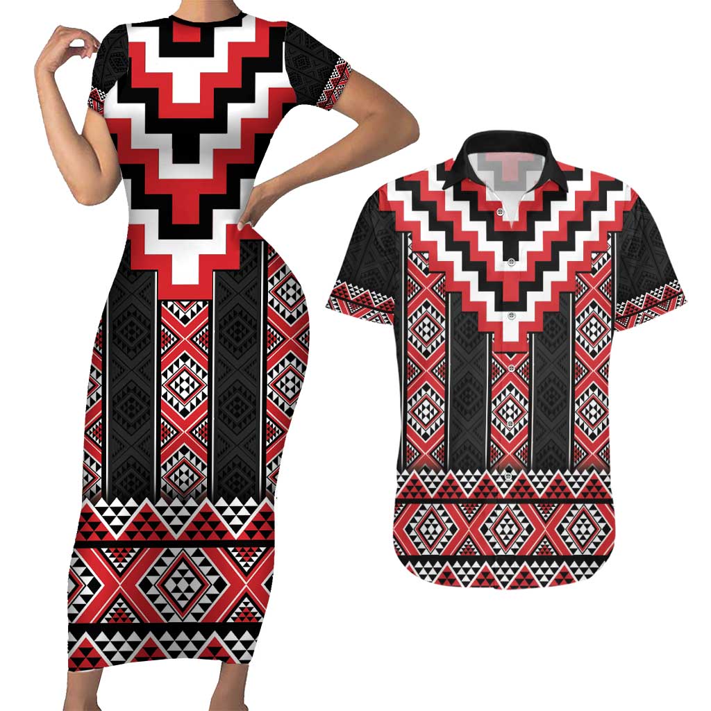 Red Taniko Aotearoa Couples Matching Short Sleeve Bodycon Dress and Hawaiian Shirt Niho Taniwha Mix Poutama LT14