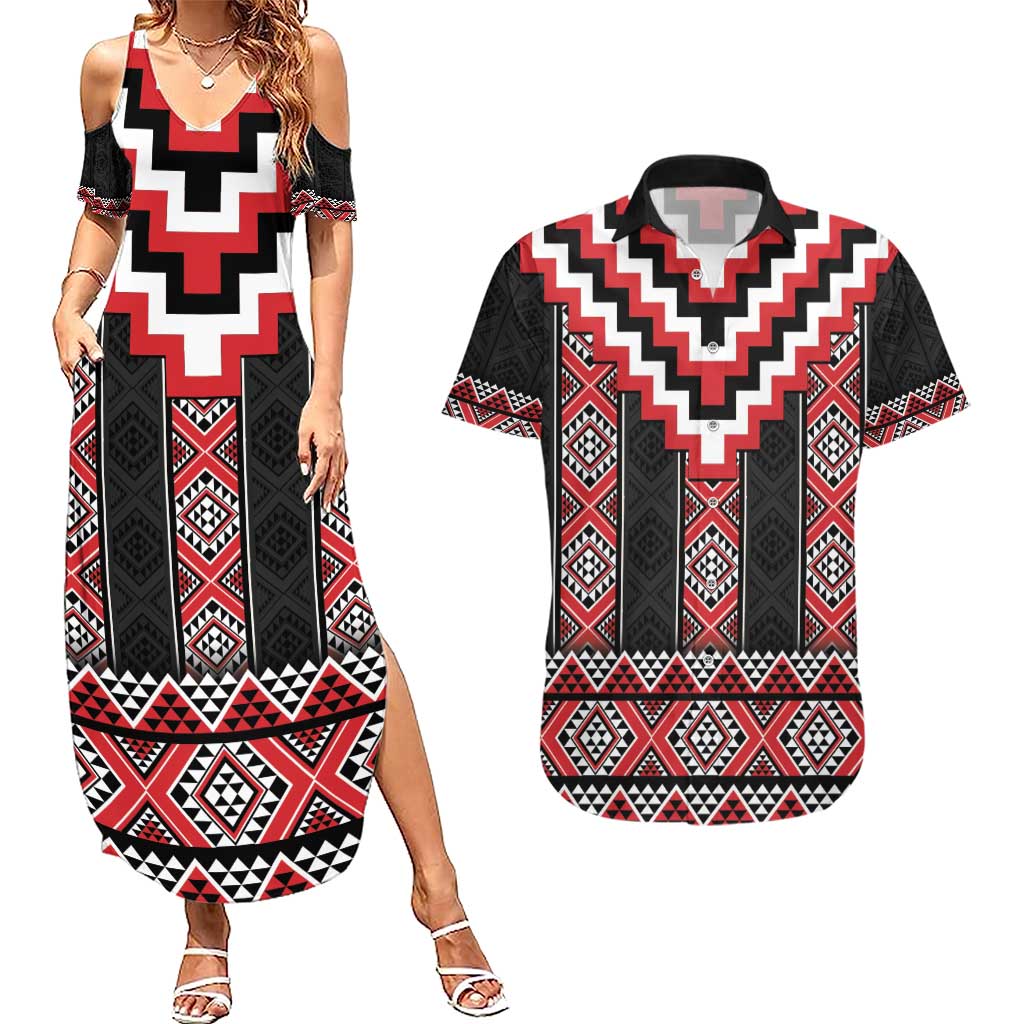 Red Taniko Aotearoa Couples Matching Summer Maxi Dress and Hawaiian Shirt Niho Taniwha Mix Poutama LT14