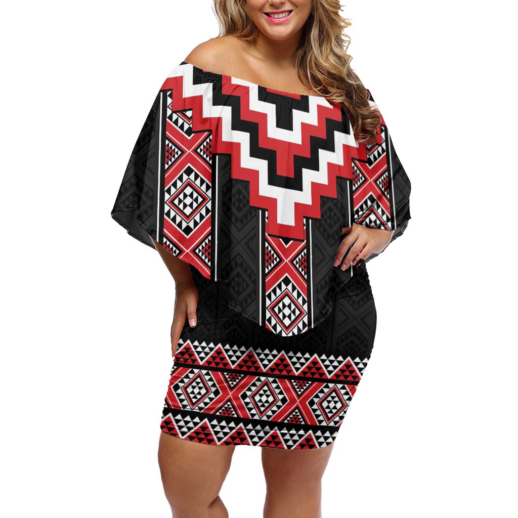 Red Taniko Aotearoa Off Shoulder Short Dress Niho Taniwha Mix Poutama LT14