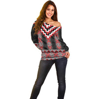 Red Taniko Aotearoa Off Shoulder Sweater Niho Taniwha Mix Poutama LT14