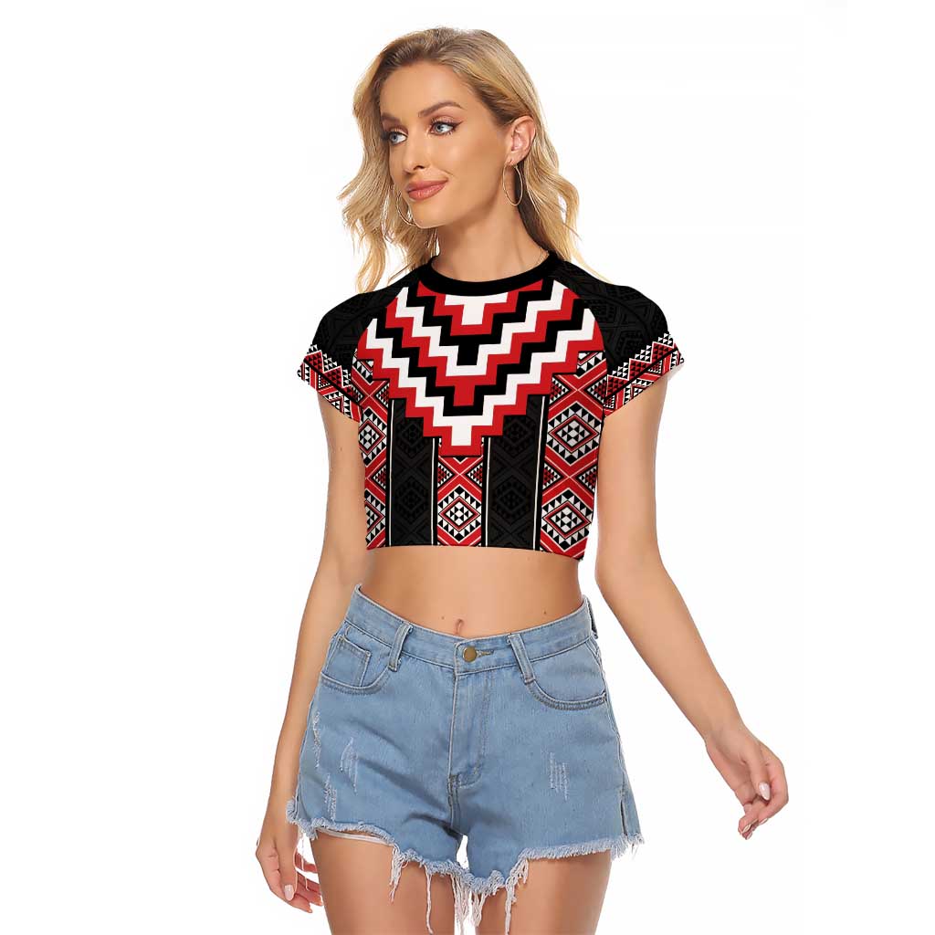 Red Taniko Aotearoa Raglan Cropped T Shirt Niho Taniwha Mix Poutama LT14