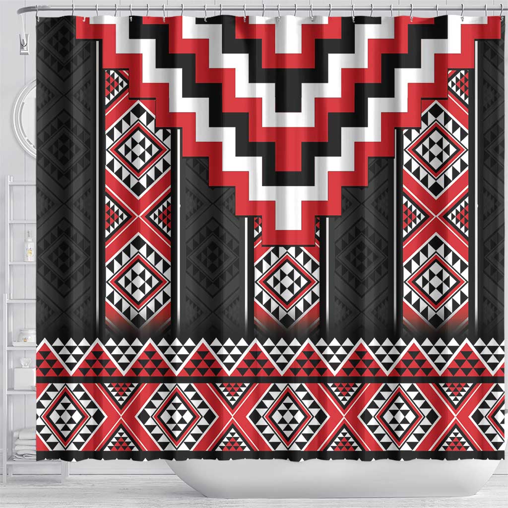 Red Taniko Aotearoa Shower Curtain Niho Taniwha Mix Poutama LT14 - Polynesian Pride