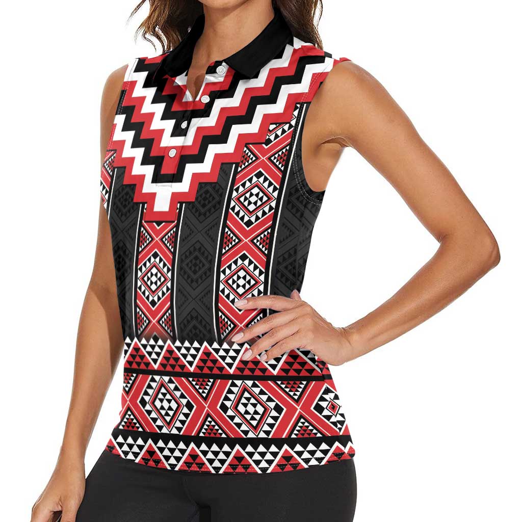 Red Taniko Aotearoa Women Sleeveless Polo Shirt Niho Taniwha Mix Poutama LT14