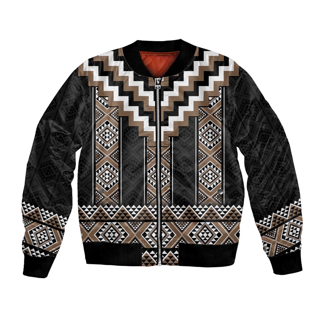 Brown Taniko Aotearoa Bomber Jacket Niho Taniwha Mix Poutama LT14