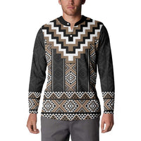Brown Taniko Aotearoa Button Sweatshirt Niho Taniwha Mix Poutama LT14
