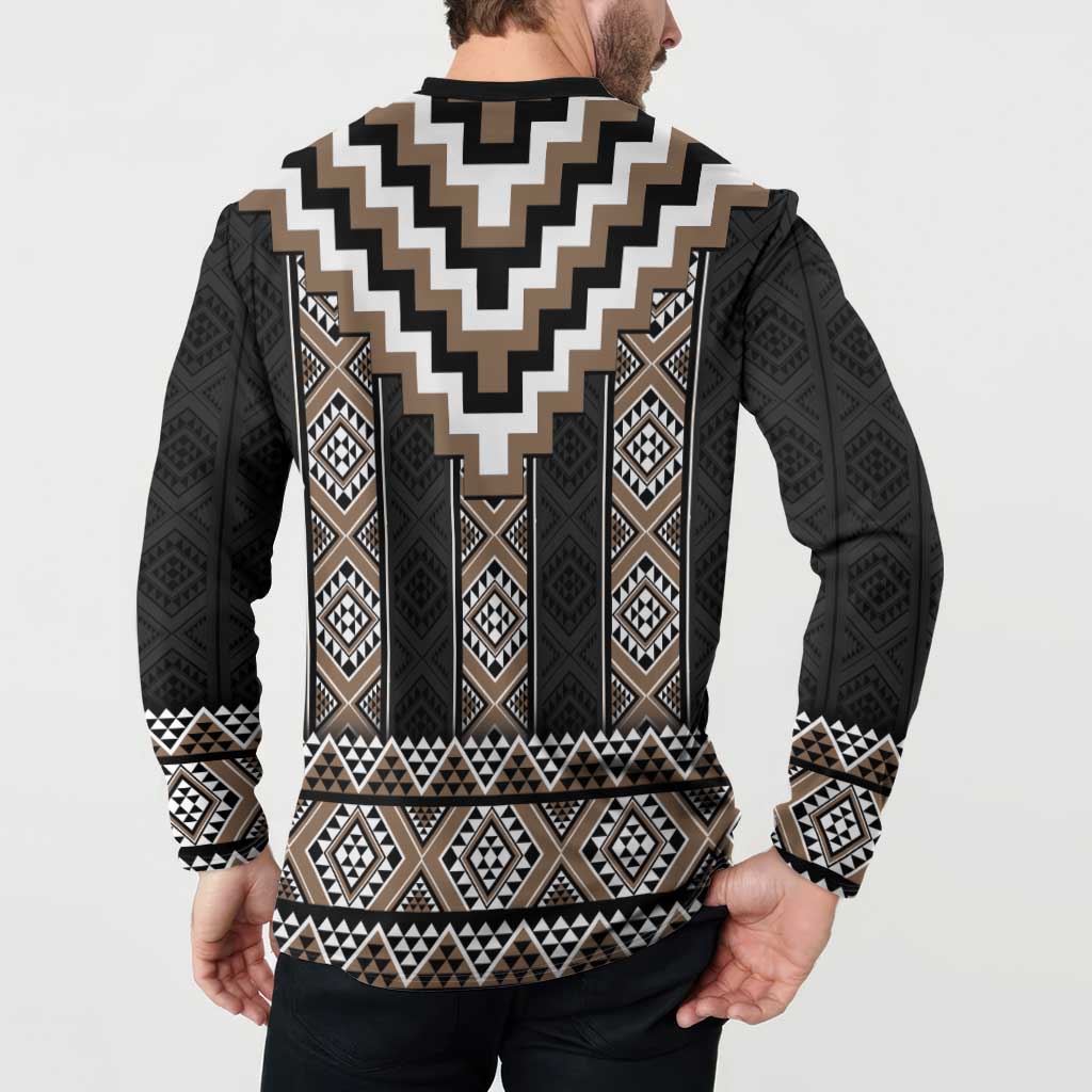 Brown Taniko Aotearoa Button Sweatshirt Niho Taniwha Mix Poutama LT14