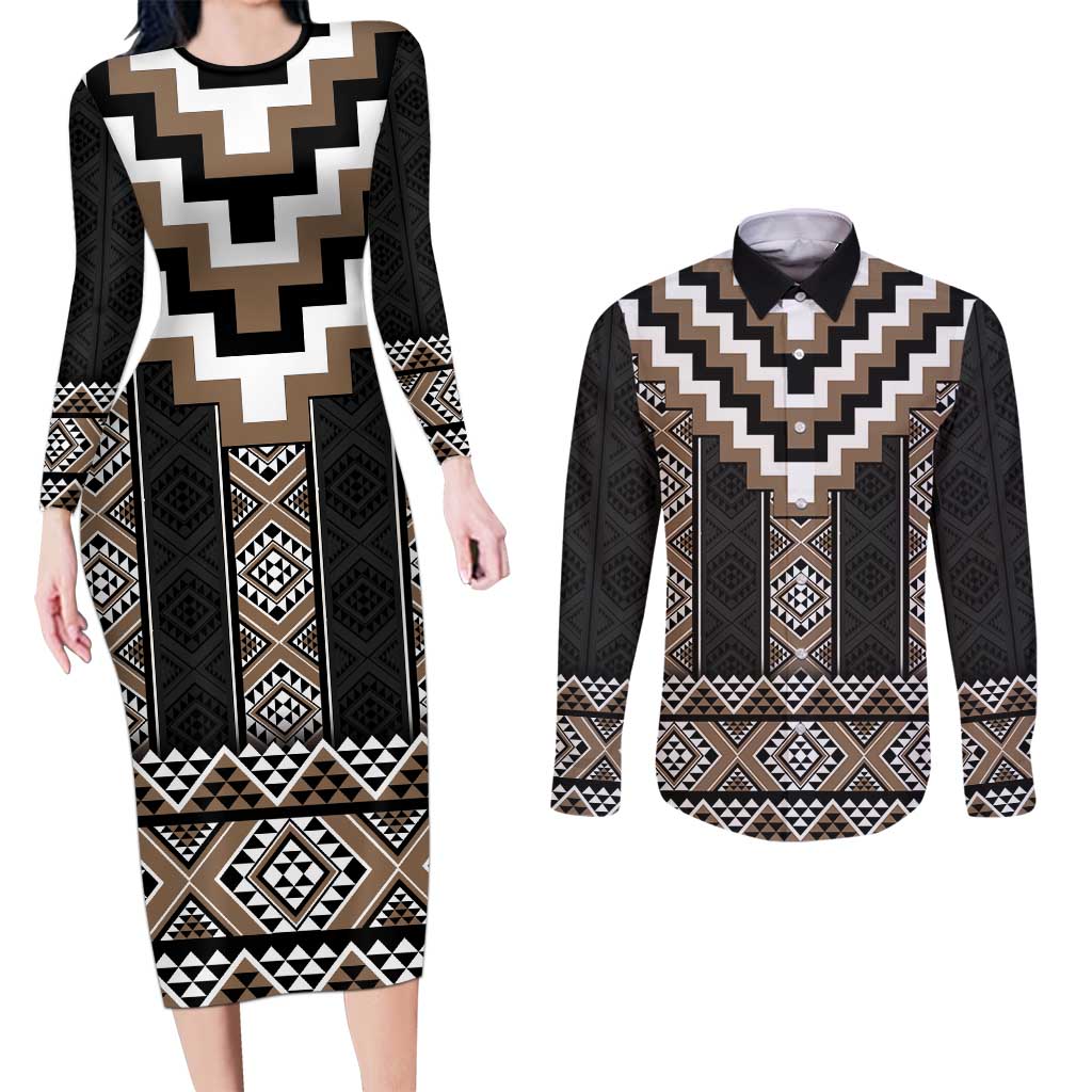 Brown Taniko Aotearoa Couples Matching Long Sleeve Bodycon Dress and Long Sleeve Button Shirt Niho Taniwha Mix Poutama LT14