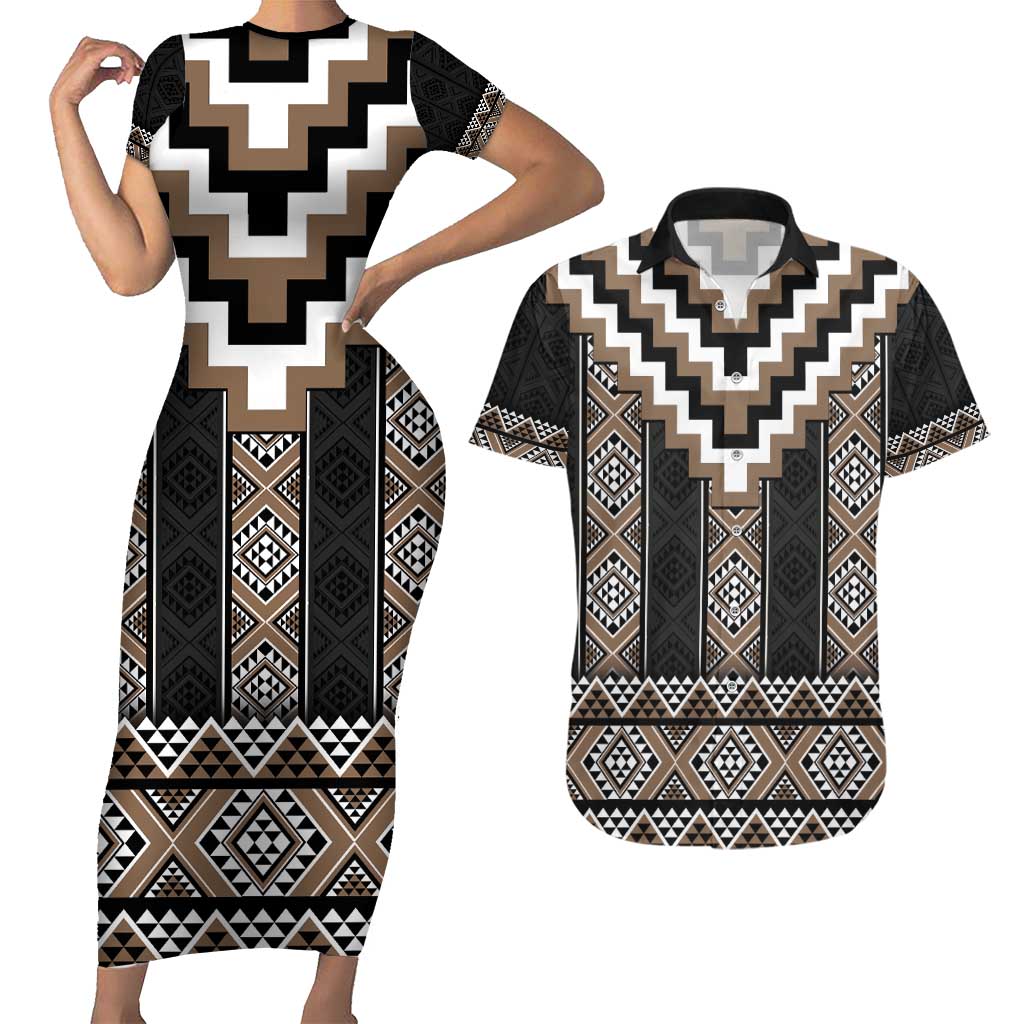 Brown Taniko Aotearoa Couples Matching Short Sleeve Bodycon Dress and Hawaiian Shirt Niho Taniwha Mix Poutama LT14