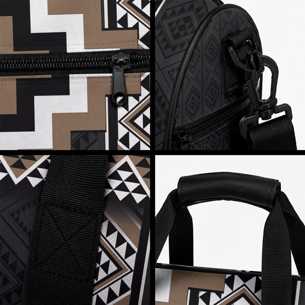 Brown Taniko Motifs Aotearoa Duffle Bag Niho Taniwha Mix Poutama LT14 - Polynesian Pride