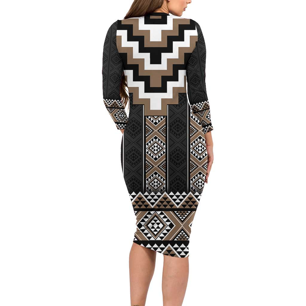 Brown Taniko Aotearoa Long Sleeve Bodycon Dress Niho Taniwha Mix Poutama LT14