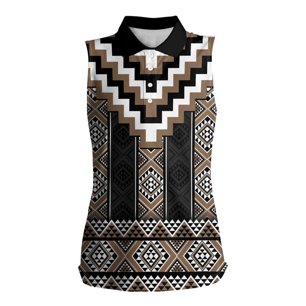 Brown Taniko Aotearoa Women Sleeveless Polo Shirt Niho Taniwha Mix Poutama LT14