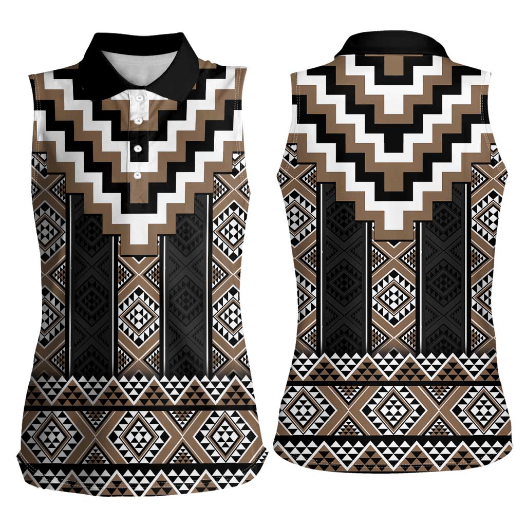 Brown Taniko Aotearoa Women Sleeveless Polo Shirt Niho Taniwha Mix Poutama LT14