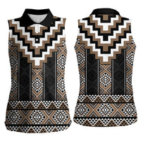 Brown Taniko Aotearoa Women Sleeveless Polo Shirt Niho Taniwha Mix Poutama LT14