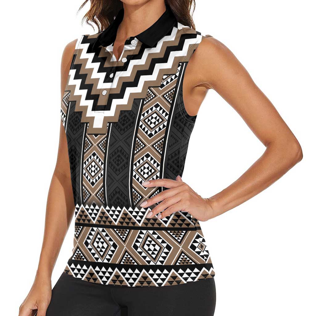 Brown Taniko Aotearoa Women Sleeveless Polo Shirt Niho Taniwha Mix Poutama LT14