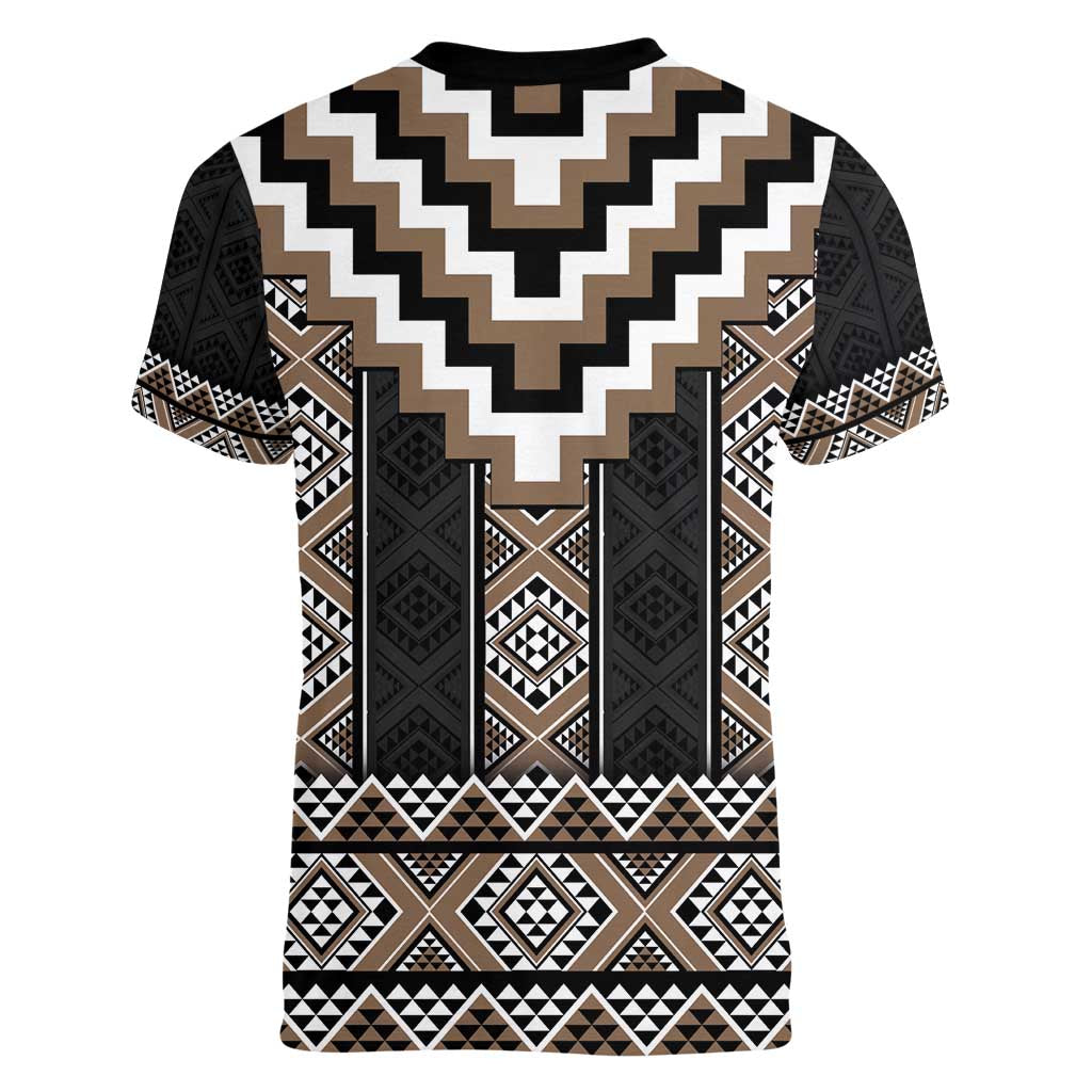 Brown Taniko Aotearoa Women V-Neck T-Shirt Niho Taniwha Mix Poutama LT14