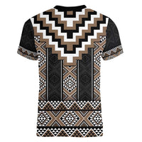 Brown Taniko Aotearoa Women V-Neck T-Shirt Niho Taniwha Mix Poutama LT14
