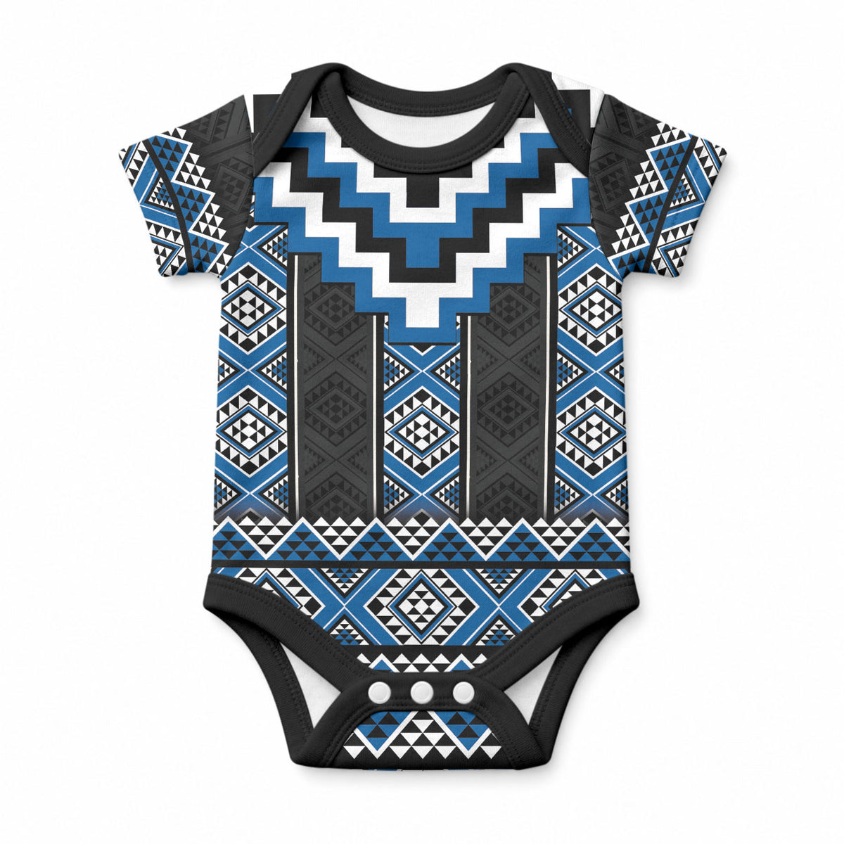 Blue Taniko Motifs Aotearoa Baby Onesie Niho Taniwha Mix Poutama LT14 Blue - Polynesian Pride