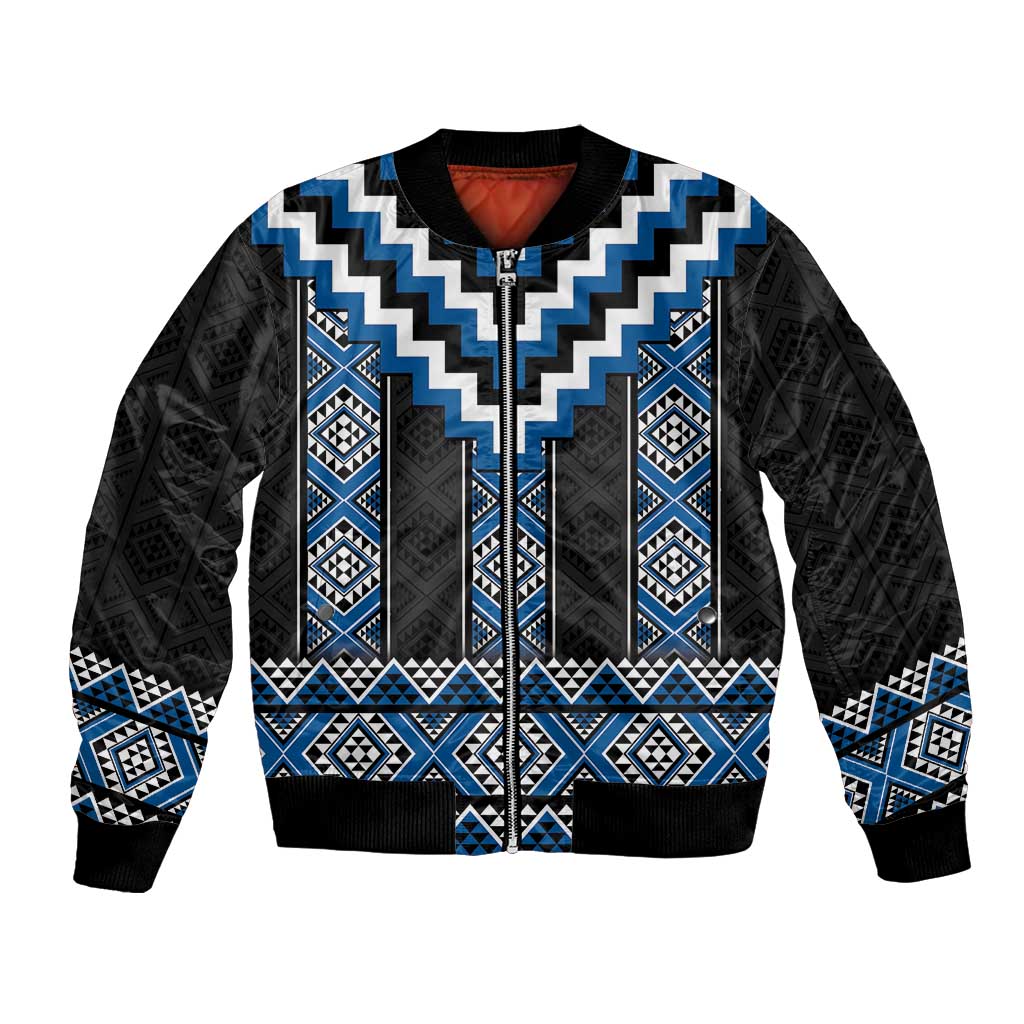 Blue Taniko Aotearoa Bomber Jacket Niho Taniwha Mix Poutama LT14